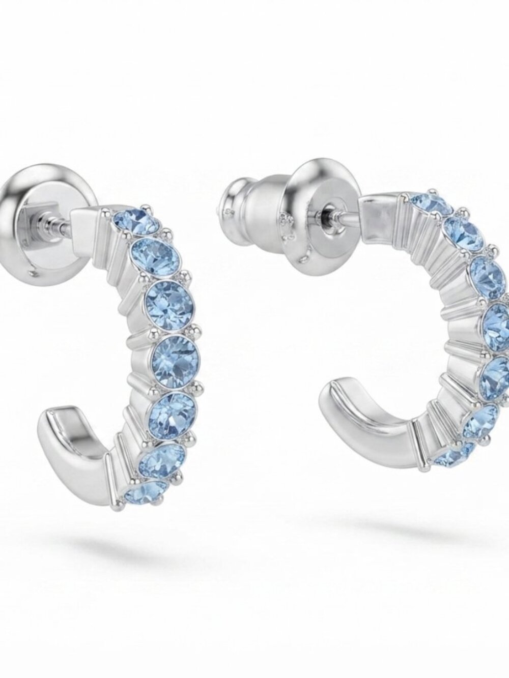 Swarovski Silver Hoops with Light Blue Crystals New in Box